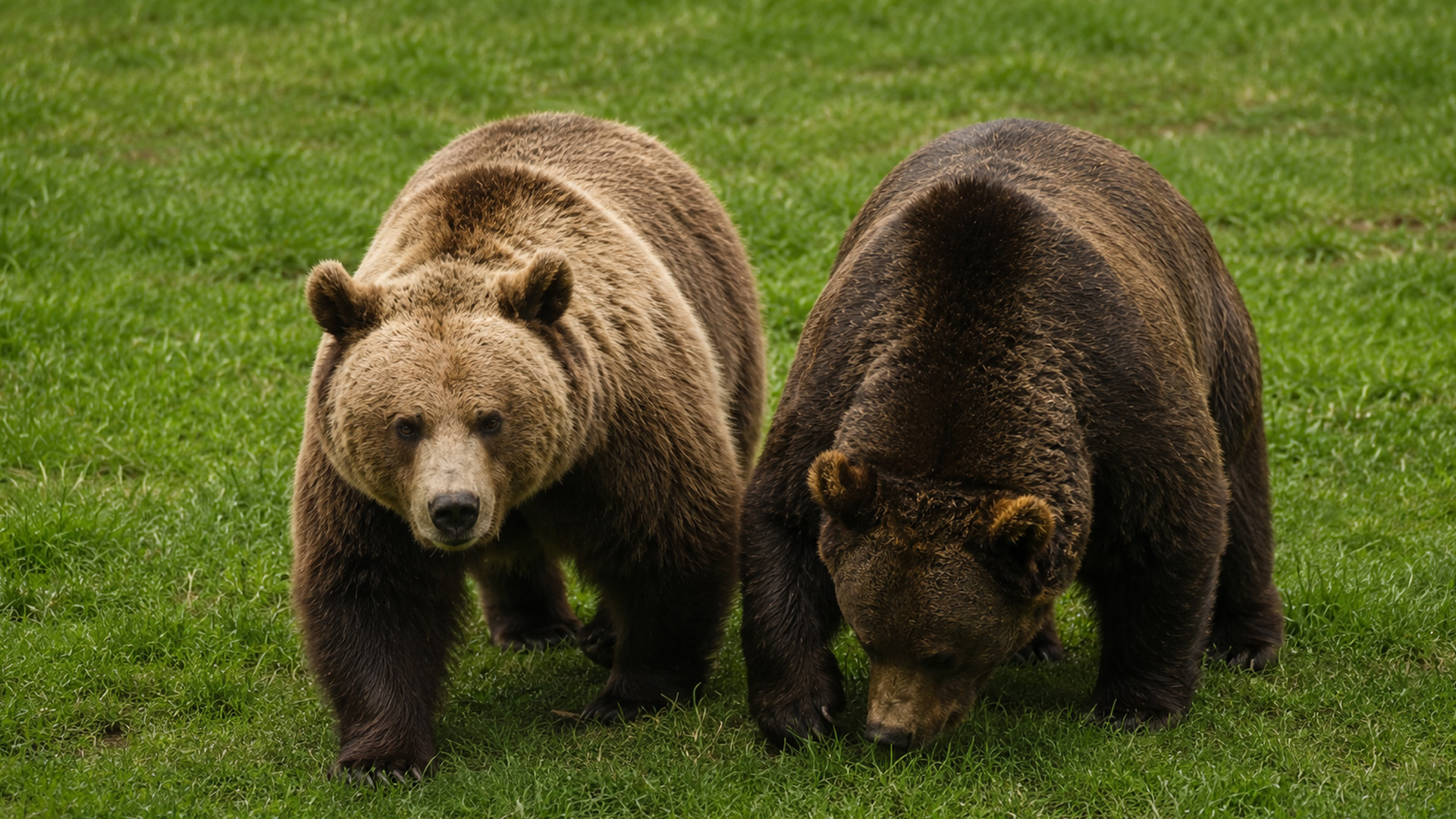 Deux ours bruns fouillent côte à côte, filmés en caméra cachée