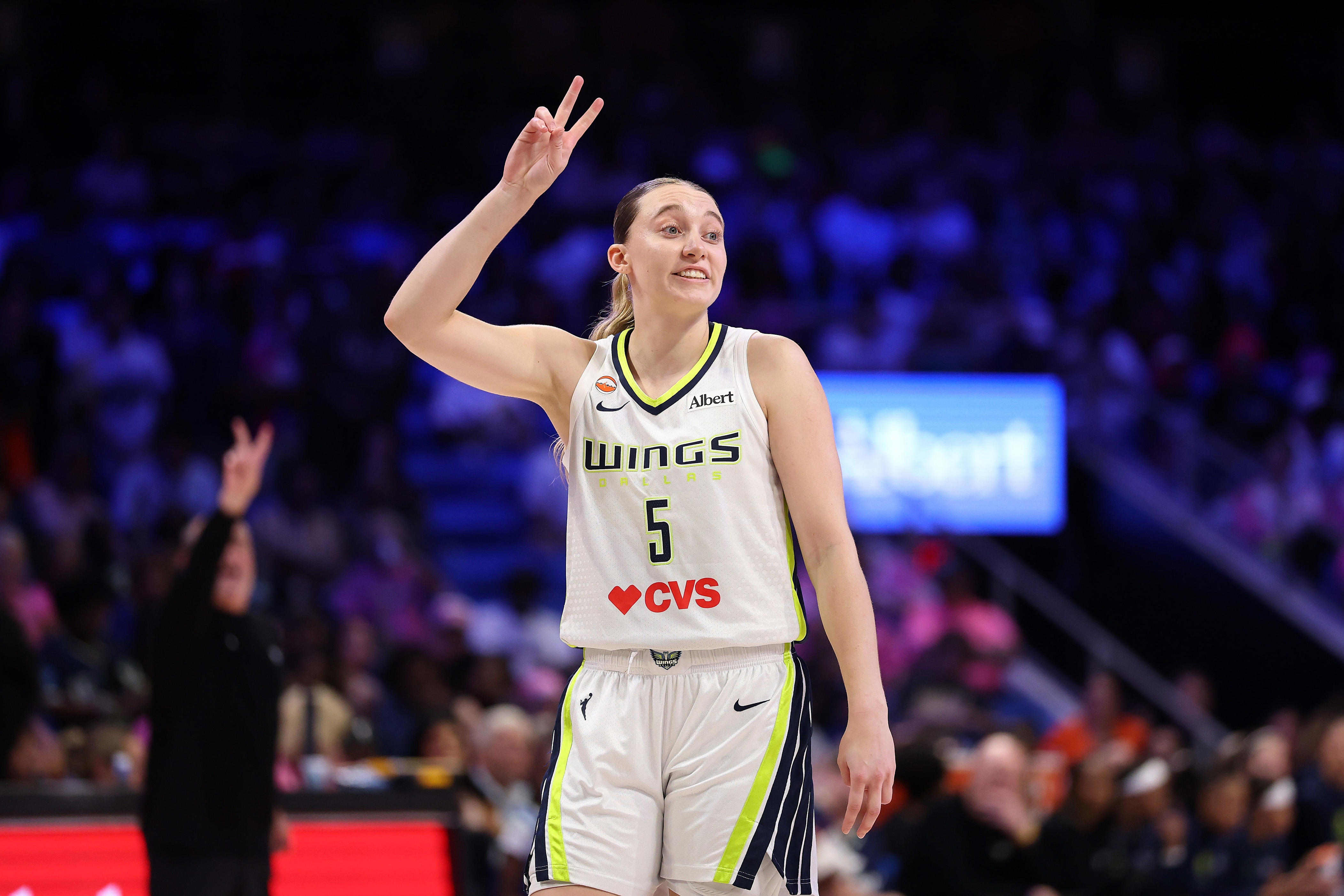 ARLINGTON, TEXAS - AUGUST 30: Paige Bueckers #5 of the Dallas Wings calls a play during the second half against the Connecticut Sun at College Park Center on August 30, 2026 in Arlington, Texas. NOTE TO USER: User expressly acknowledges and agrees that, by downloading and or using this photograph, User is consenting to the terms and conditions of the GettyImages License Agreement. (Photo by Stacy Revere/Getty Images)