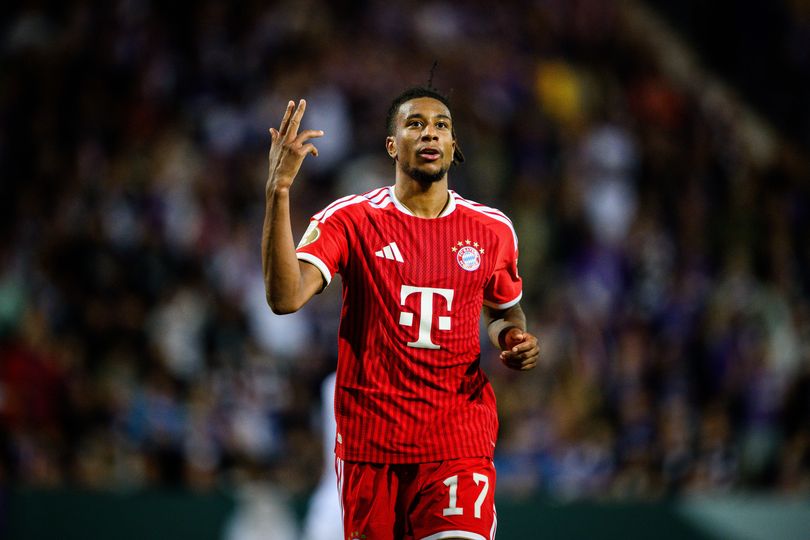Michael Olise of Munich celebrates after scoring his team's third goal during the DFB Cup 2026/27 match between VfL Osnabrück and FC Bayern München