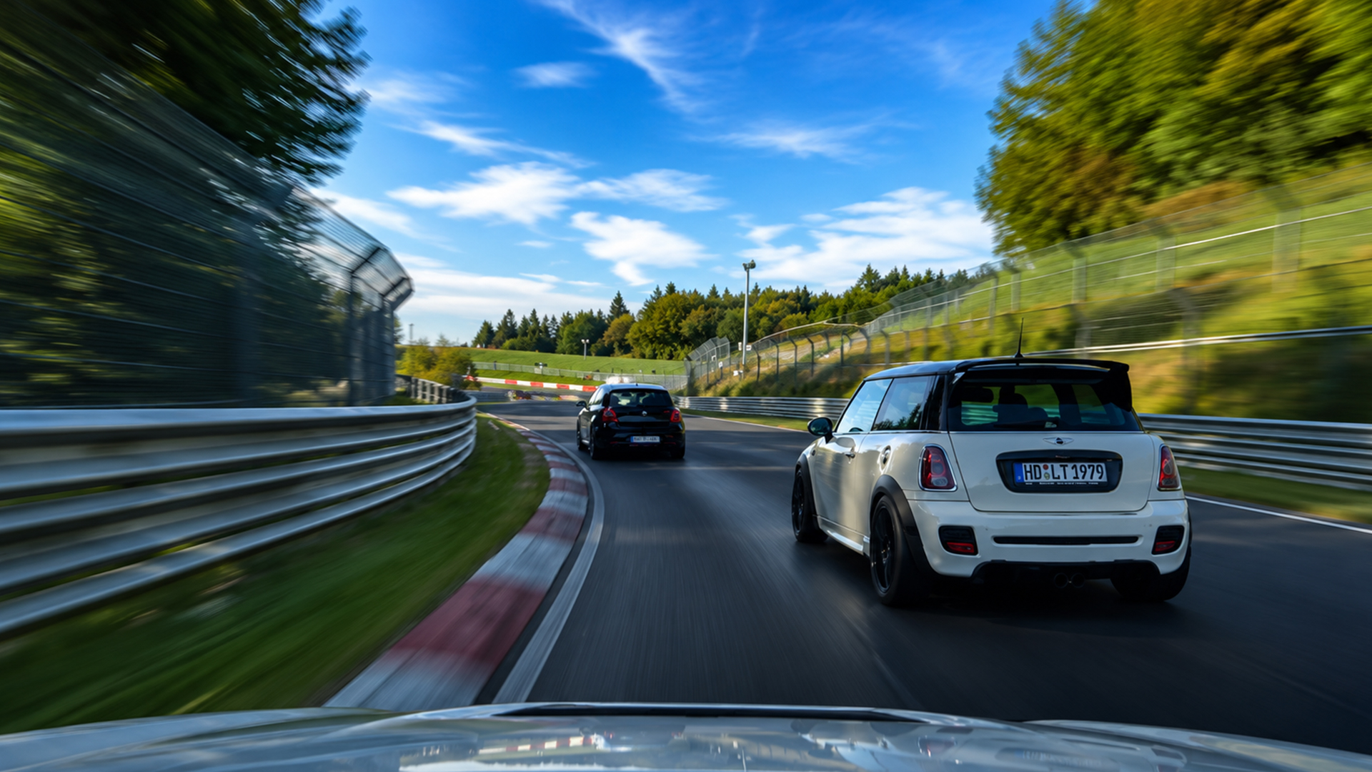 Mini Cooper JCW and hatchback block the way to overtake