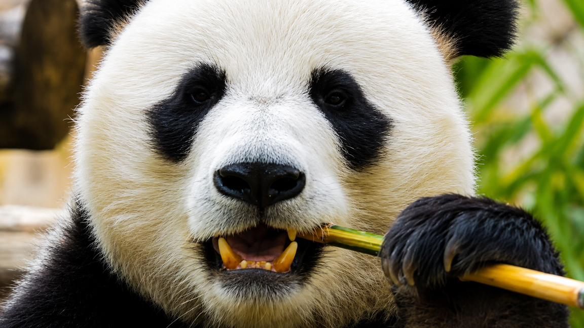 Giant panda enjoys its favorite bamboo up close