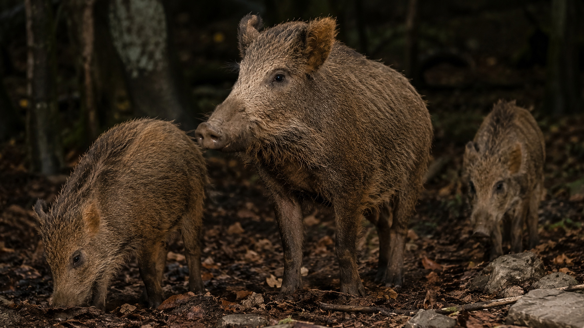 Camera trap captures a wild boar family foraging through the forest