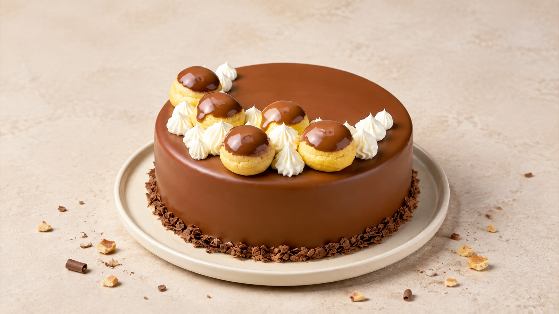 A creamy chocolate cake with mini cream puffs