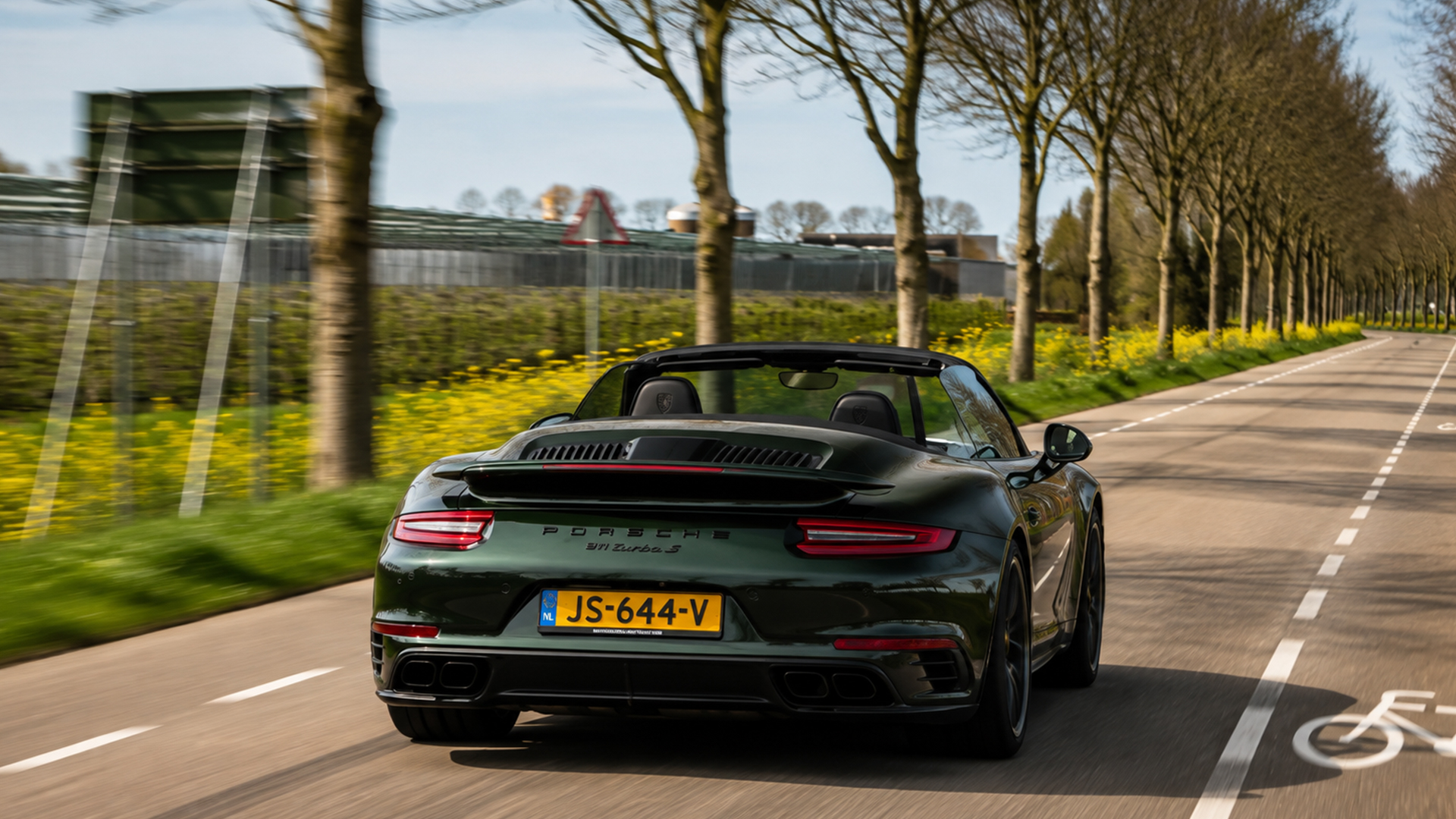Porsche 911 Turbo S drives top-down through a tree-lined road