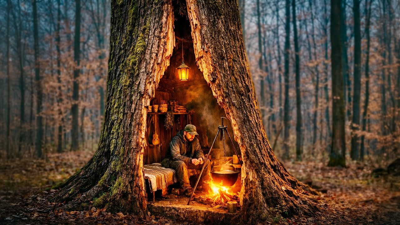A secret oak tree shelter with a handmade clay oven