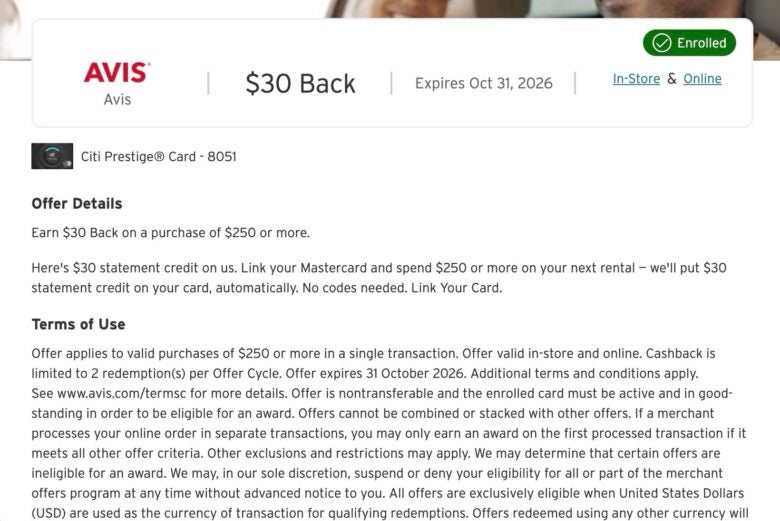 Save $30 at Avis Car Rental with a new Citi Merchant Offer [Targeted]