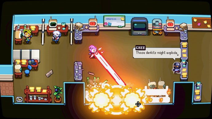 Laser Guy is a twin-stick anti-shooter about a stressed out game developer who can't stop shooting laser beams from his eyes
