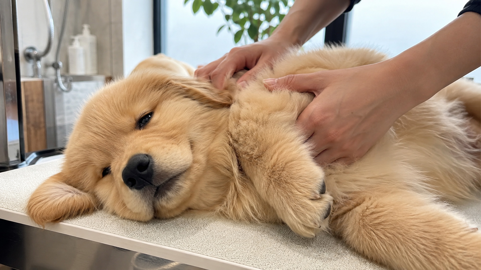 Golden retriever puppy loves belly rubs