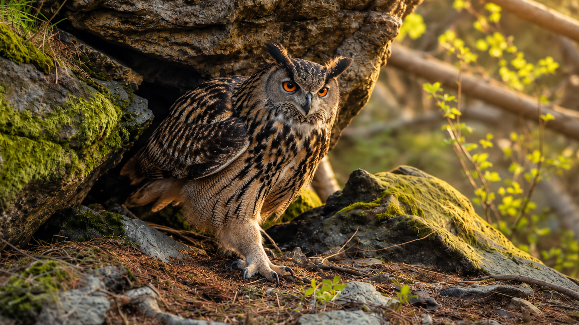 Owl steps from rocky shelter on hidden camera