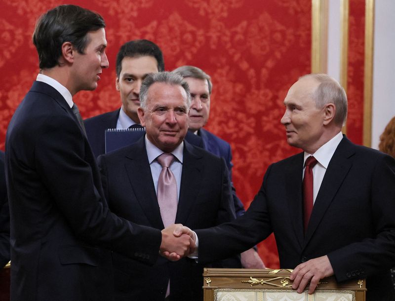 Russian President Vladimir Putin shakes hands with Jared Kushner, U.S. President Donald Trump's son-in-law, as U.S. Special Envoy Steve Witkoff stands nearby during a meeting at the Kremlin in Moscow, Russia, September 5, 2026. Sputnik/Mikhail Metzel/Pool via REUTERS