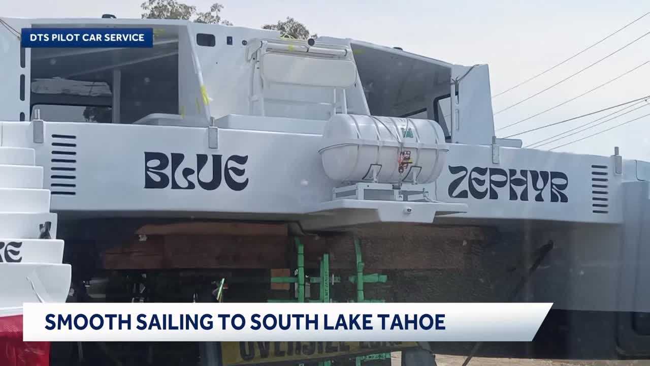 Super load Blue Zephyr catamaran squeezes through Highway 50 to South Lake Tahoe