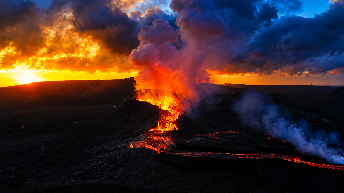 Molten lava erupts beneath a fiery sunset sky