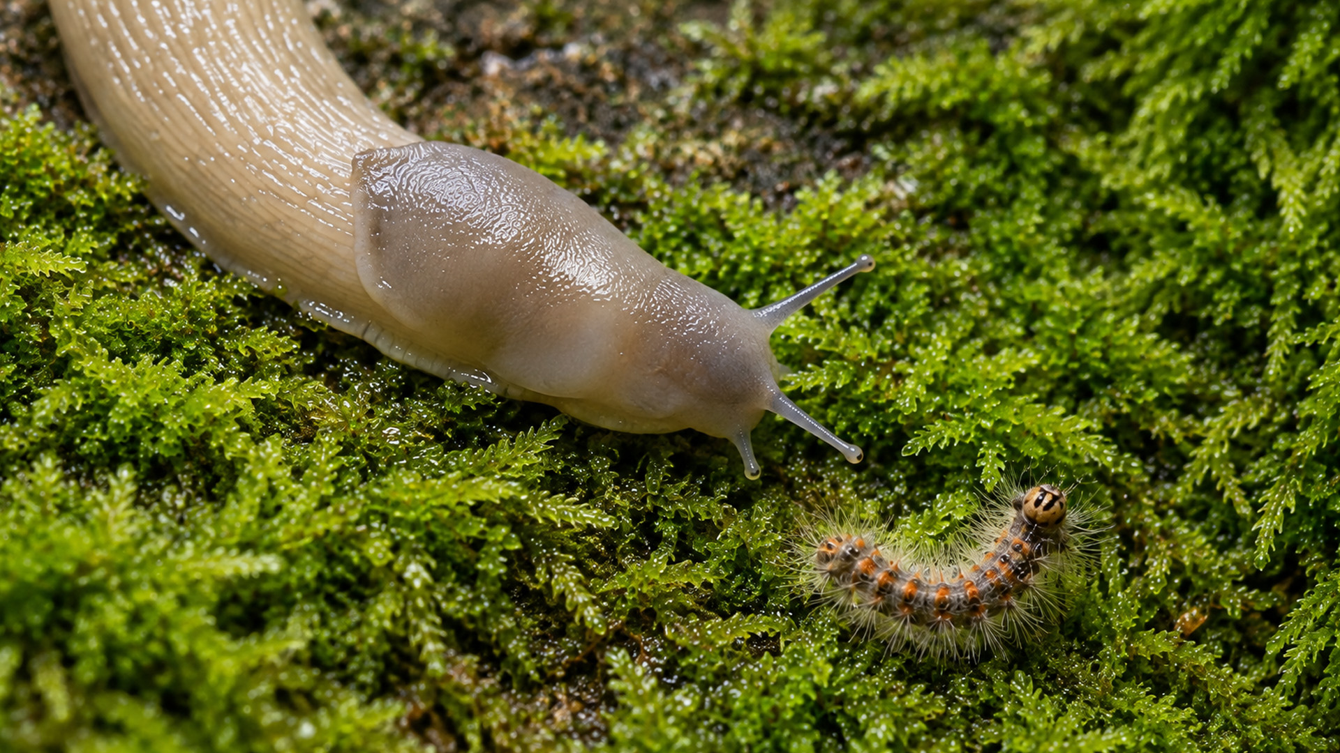 Une limace rencontre une chenille poilue filmée en caméra cachée