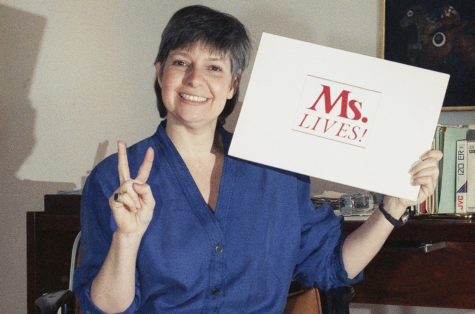 Robin Morgan, the editor-in-chief for Ms. Magazine, celebrates the magazine's comeback in her New York office Feb. 28, 1990.