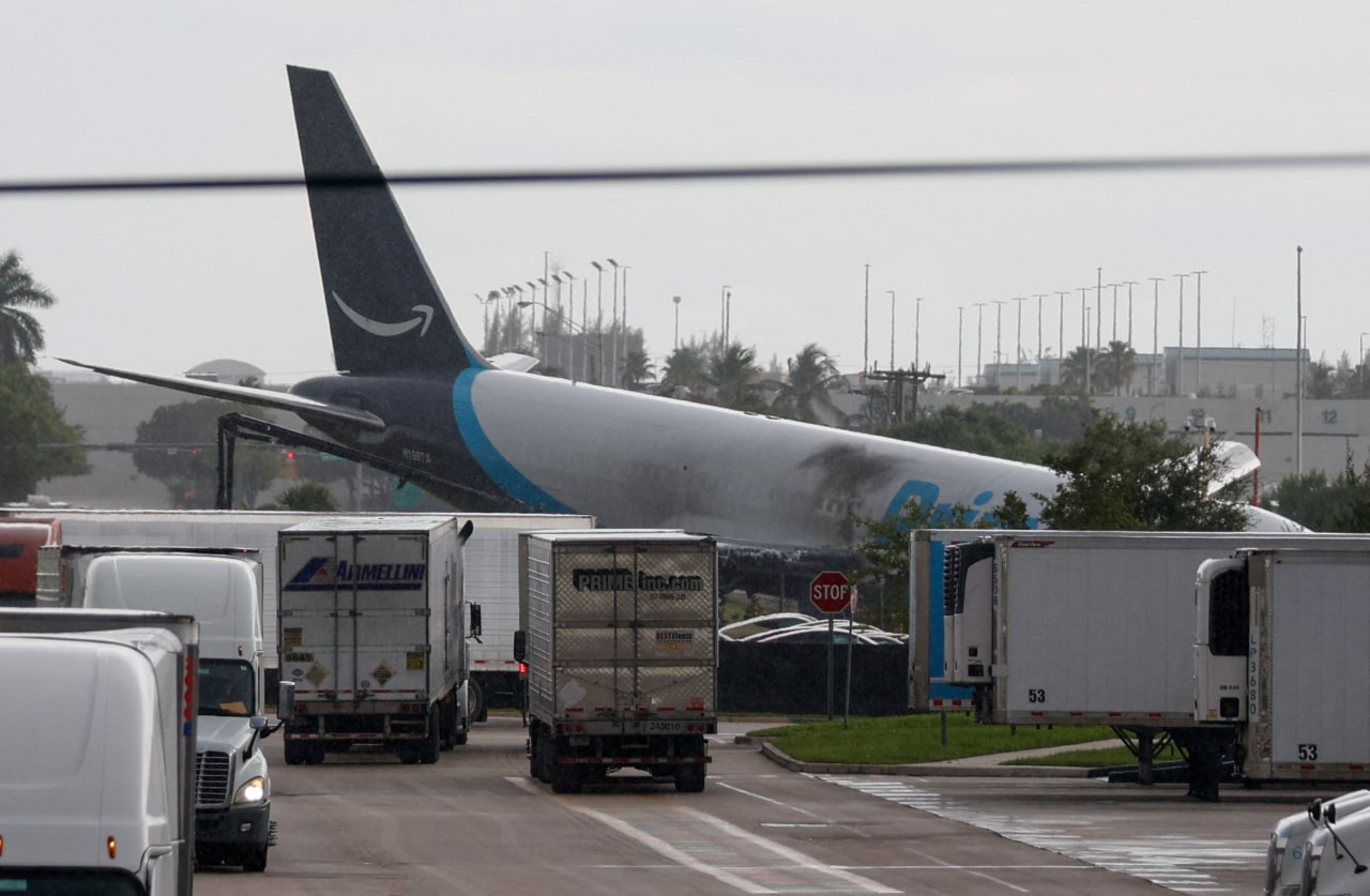 Amazon cargo plane overshoots runway in Miami, killing five people
