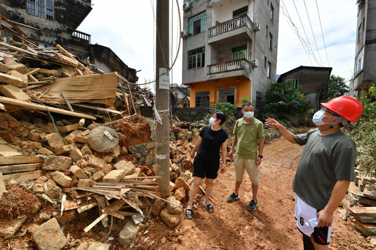 Buildings and roads were left severely damaged in Putian city, Fujian province (Picture: Xinhua/Shutterstock)