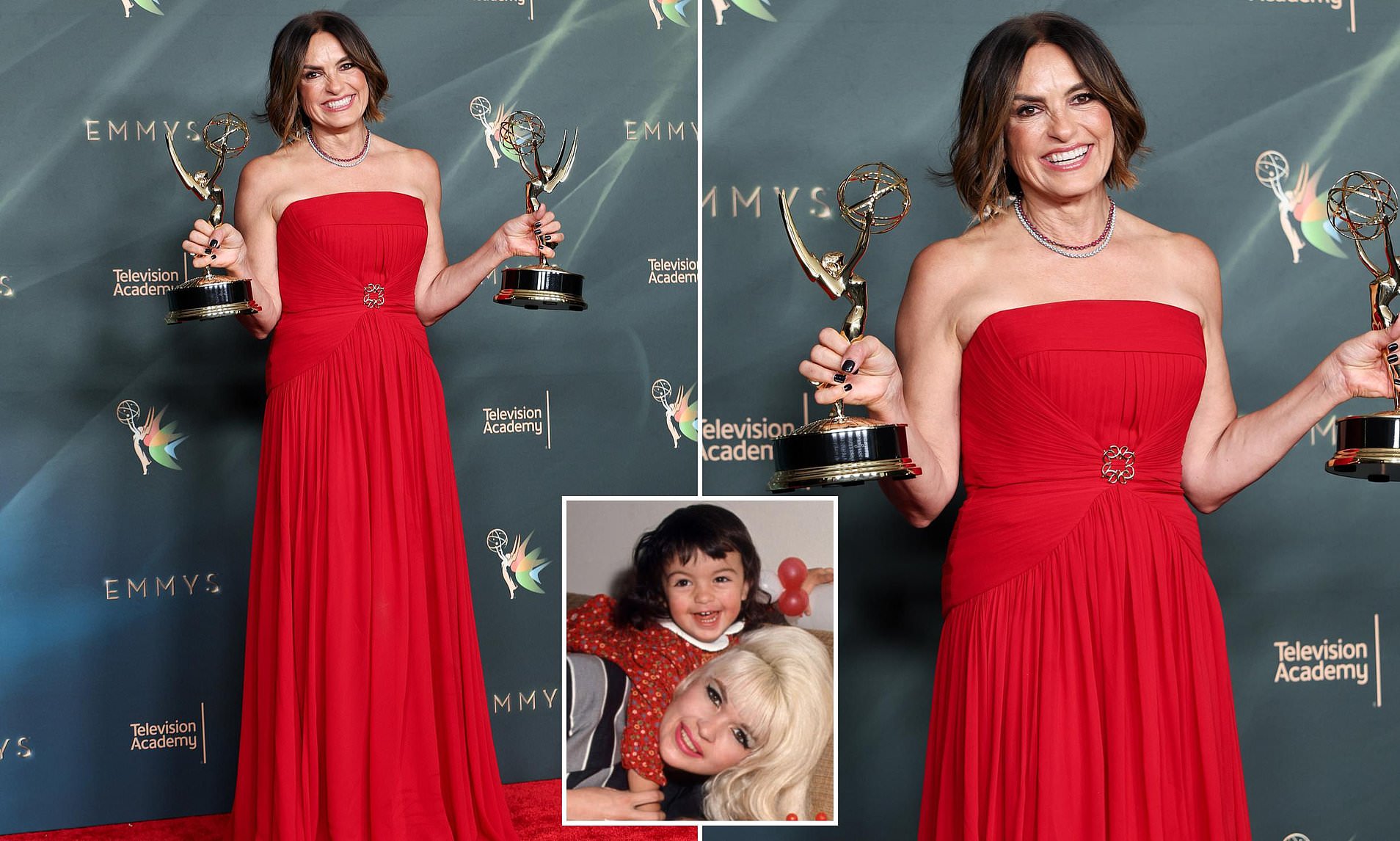 Mariska Hargitay, 62, stuns in red as she scores two Emmys for film about late mom Jayne Mansfield