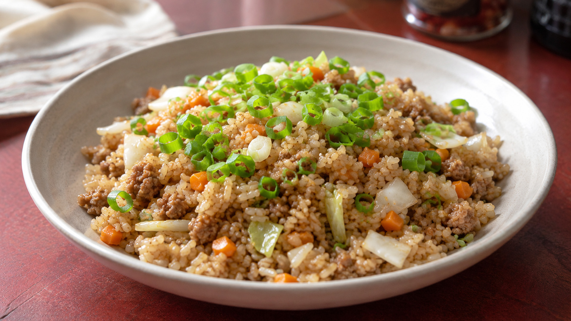 Ground beef makes this fried rice more satisfying