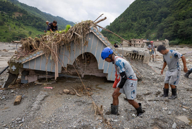 Ms Shrestha’s completely devastated home in Betrawati following the glacier collapse (Picture: Reuters)