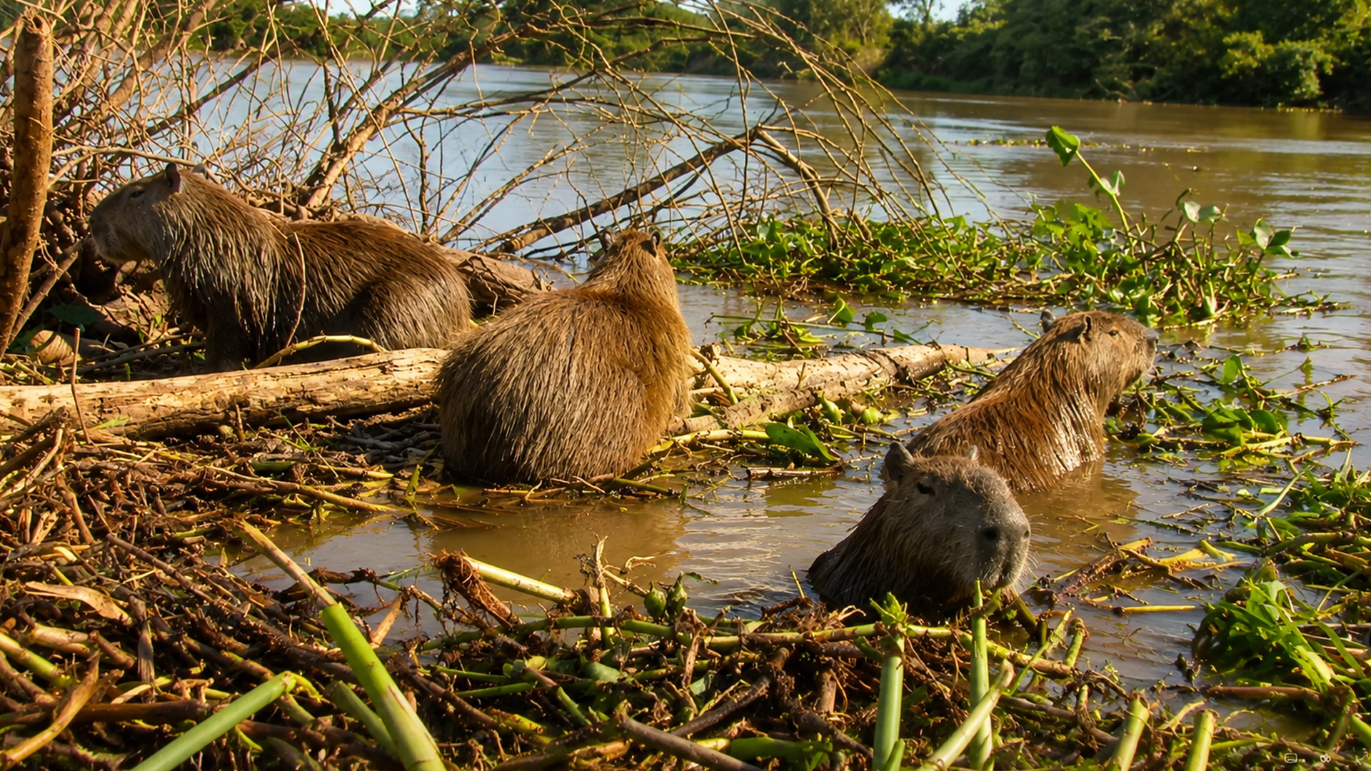 Familias enteras de capibaras se reúnen junto a la orilla del río