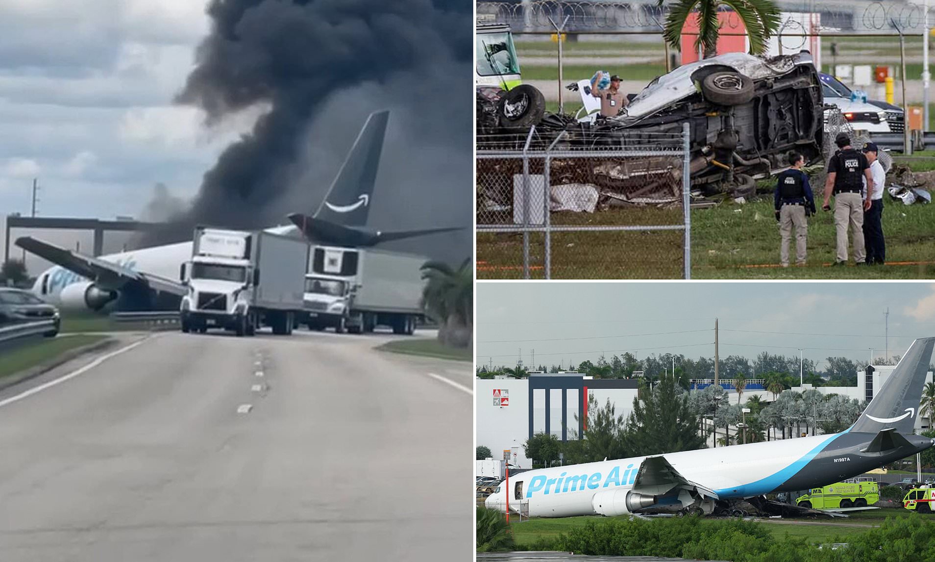 Five dead, multiple injured after Amazon plane overruns Miami airport runway, smashes into cars
