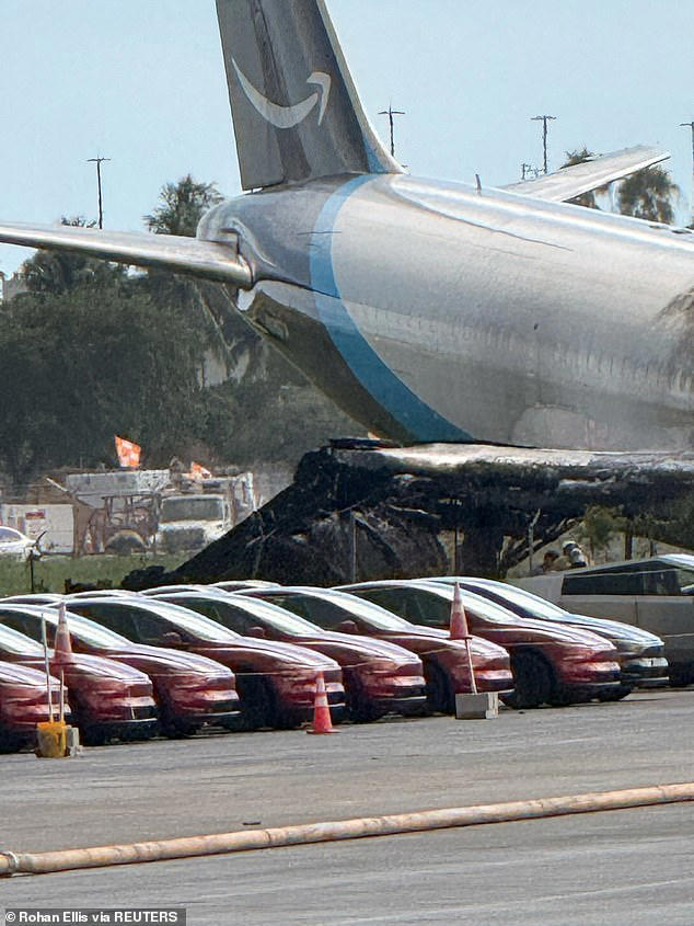 The plane's mangled wing could be seen leaning over cars at the scene