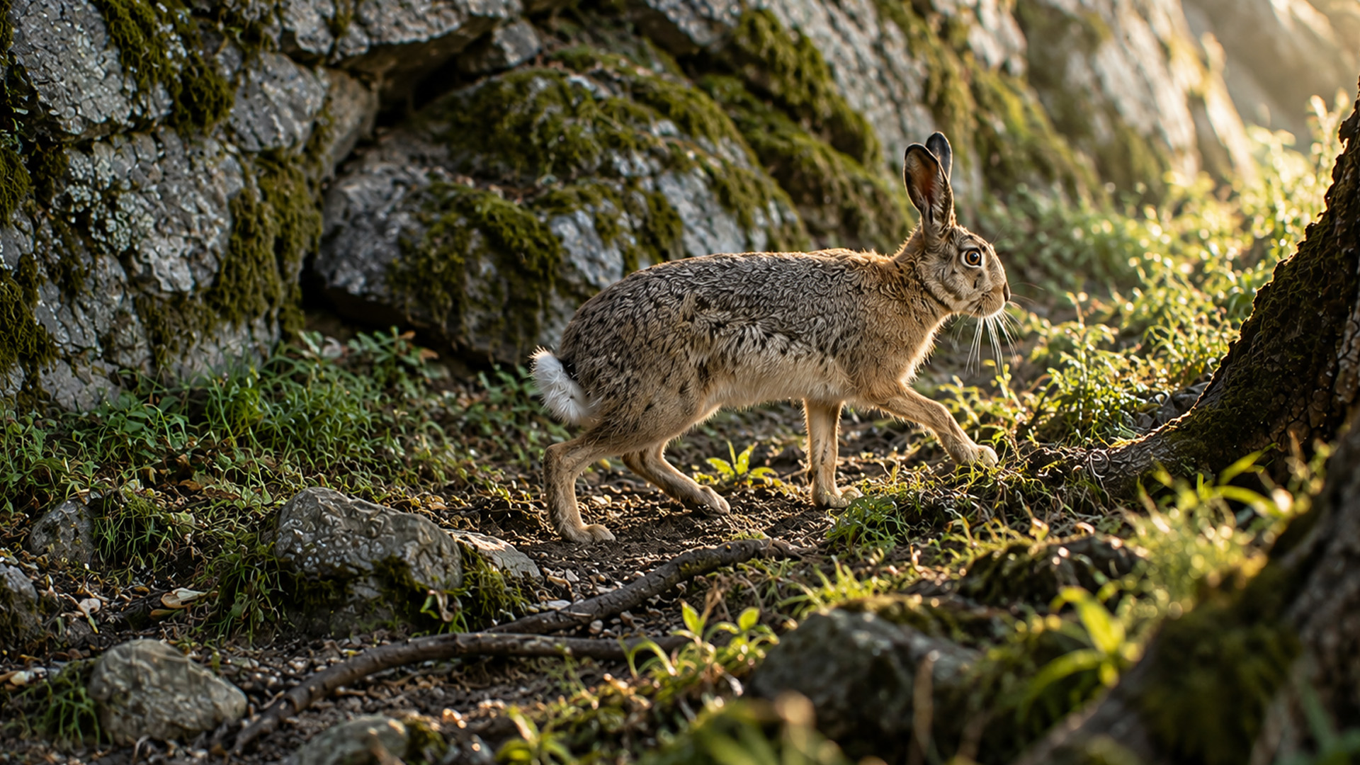 Camera trap captures a wild hare moving through a rocky forest