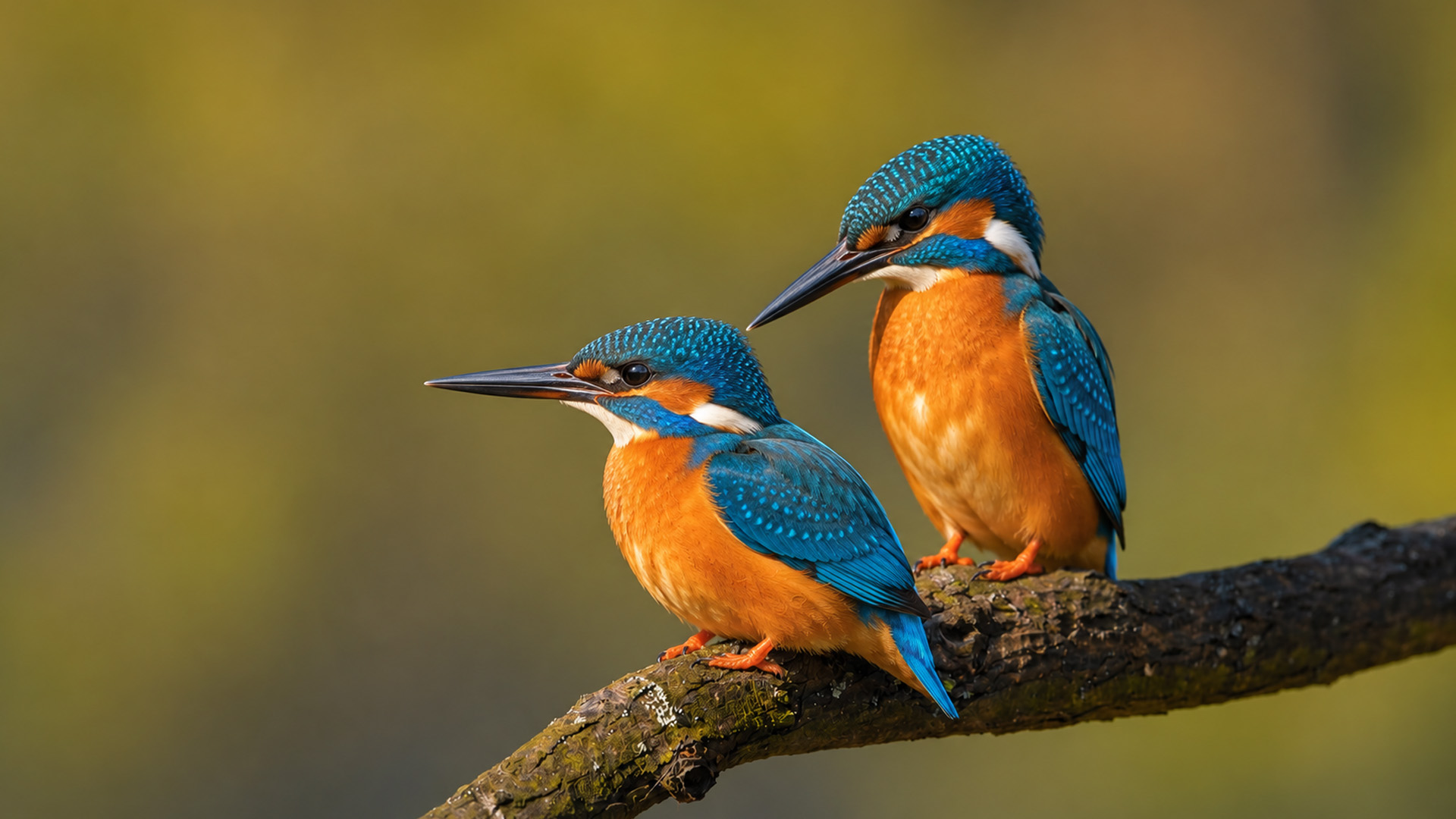 Kingfisher pair rests quietly above the water on hidden camera
