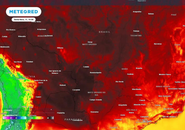 Previsão de temperaturas máximas na sexta-feira mostra calor de 40°C atingindo boa parte das regiões Centro-Oeste e no Sudeste após o afastamento da massa de ar polar.