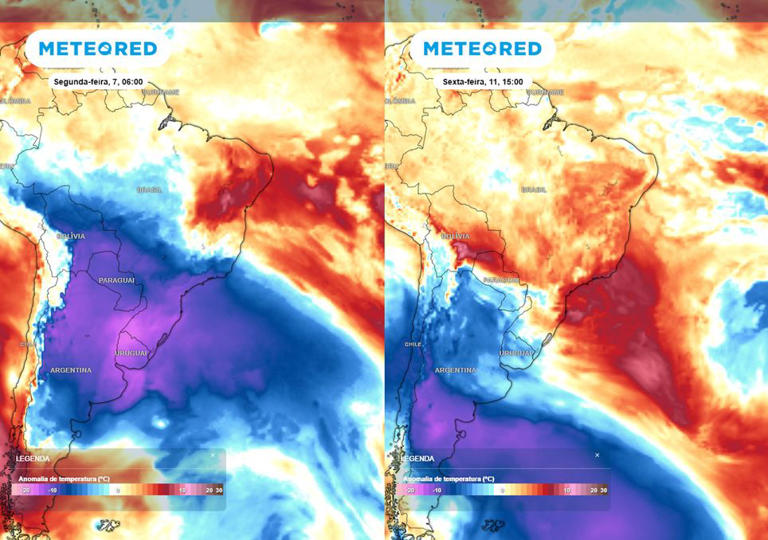 Previsão de anomalias de temperatura em 850 hPa nesta segunda-feira (esquerda) e na sexta-feira (direita) mostra o ar frio deixando o país e dando lugar a uma massa de ar quente.