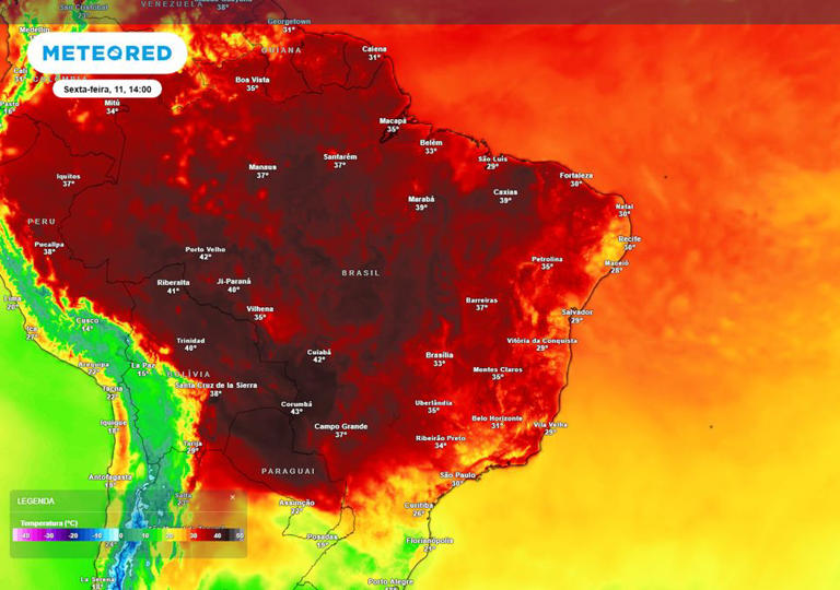 Previsão de temperaturas máximas na sexta-feira durante a tarde mostra que grande parte do país voltará a registrar temperaturas máximas de 40°C ou mais, com a dissipação da massa de ar frio.