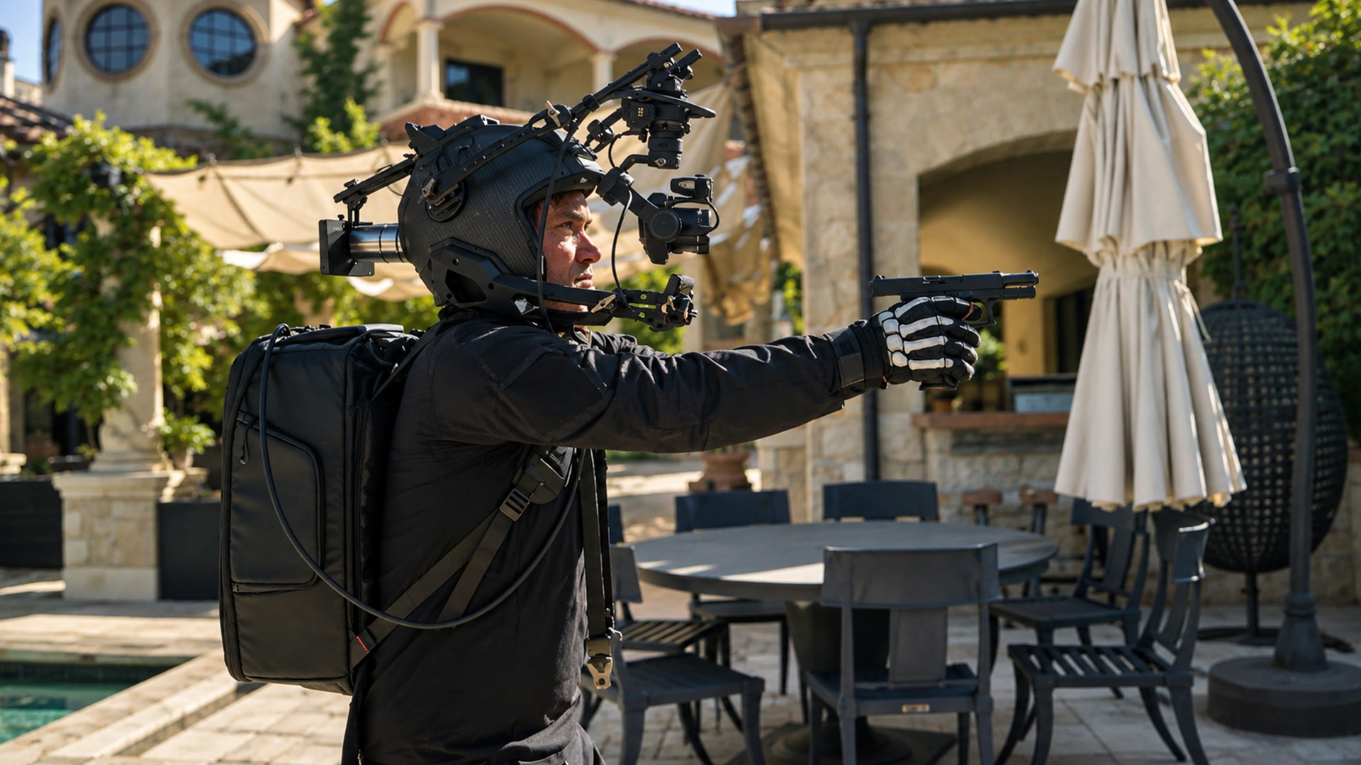 Behind the camera of a real life combat game scene