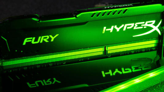 Close-up of HyperX Fury RAM with green RGB lighting