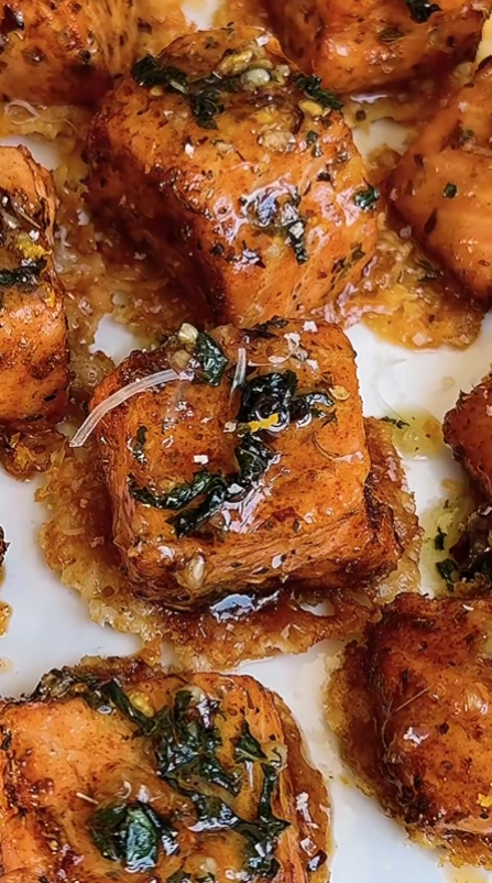 Crispy parmesan salmon bites with honey garlic drizzle