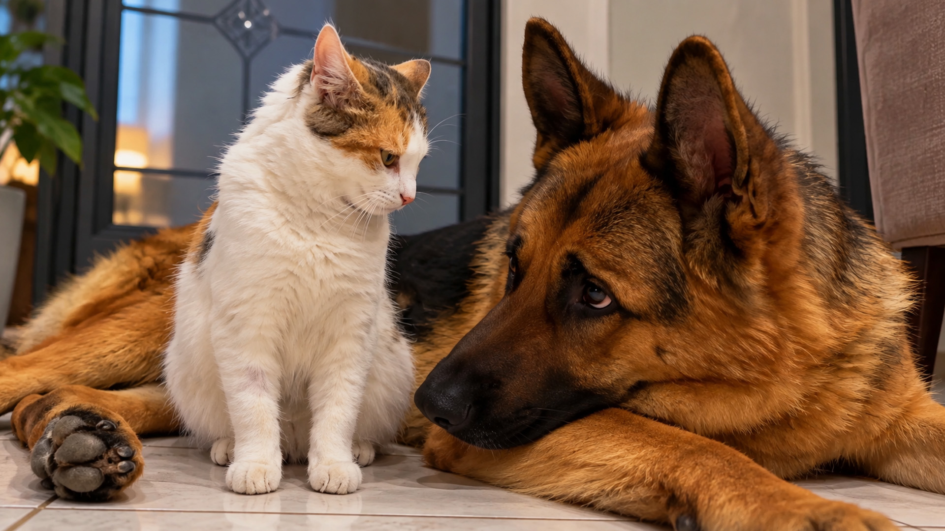 Schattige kat valt speels een rustige Duitse herder aan