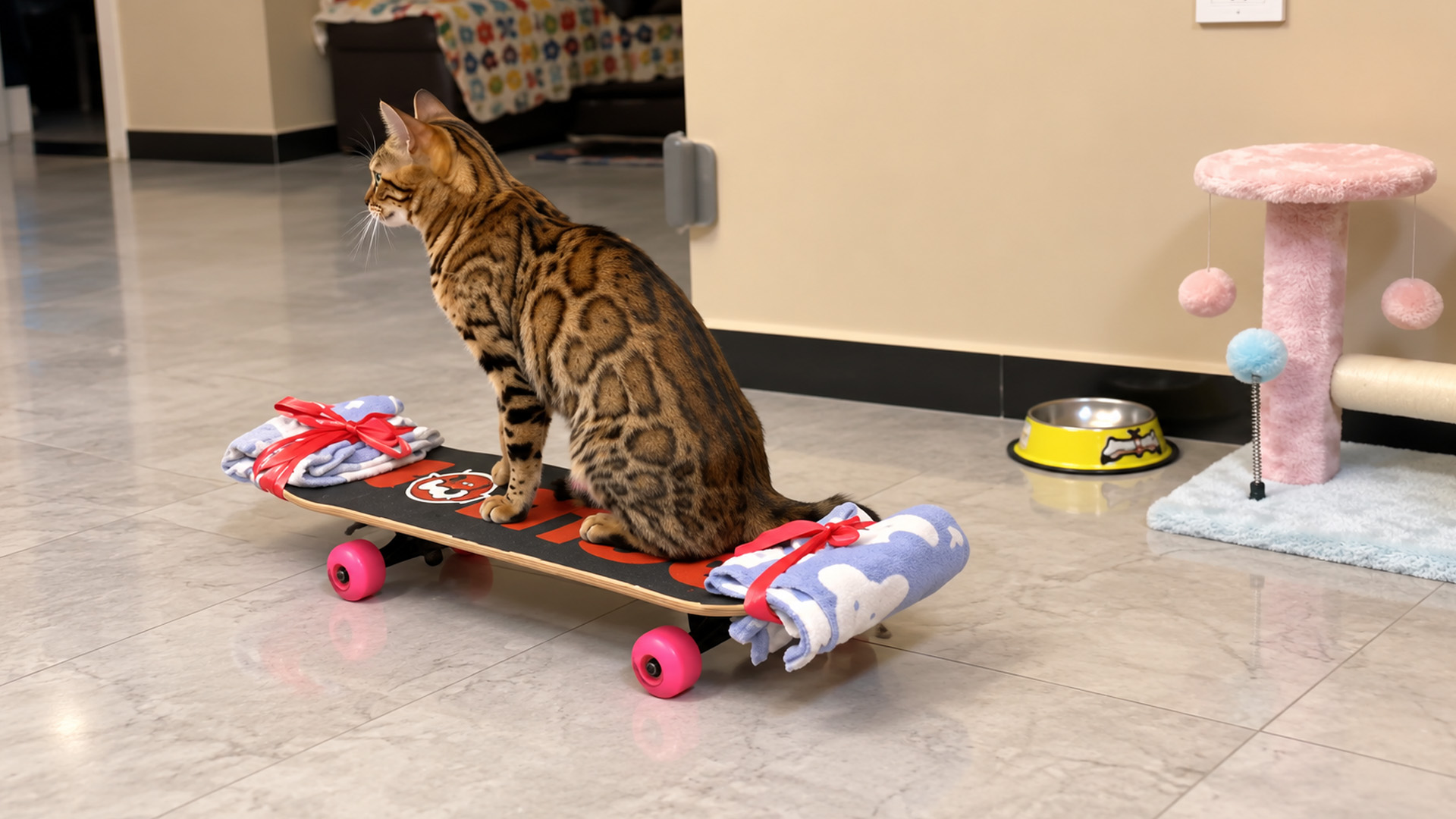 Bengal cat looks ready for a skateboard ride