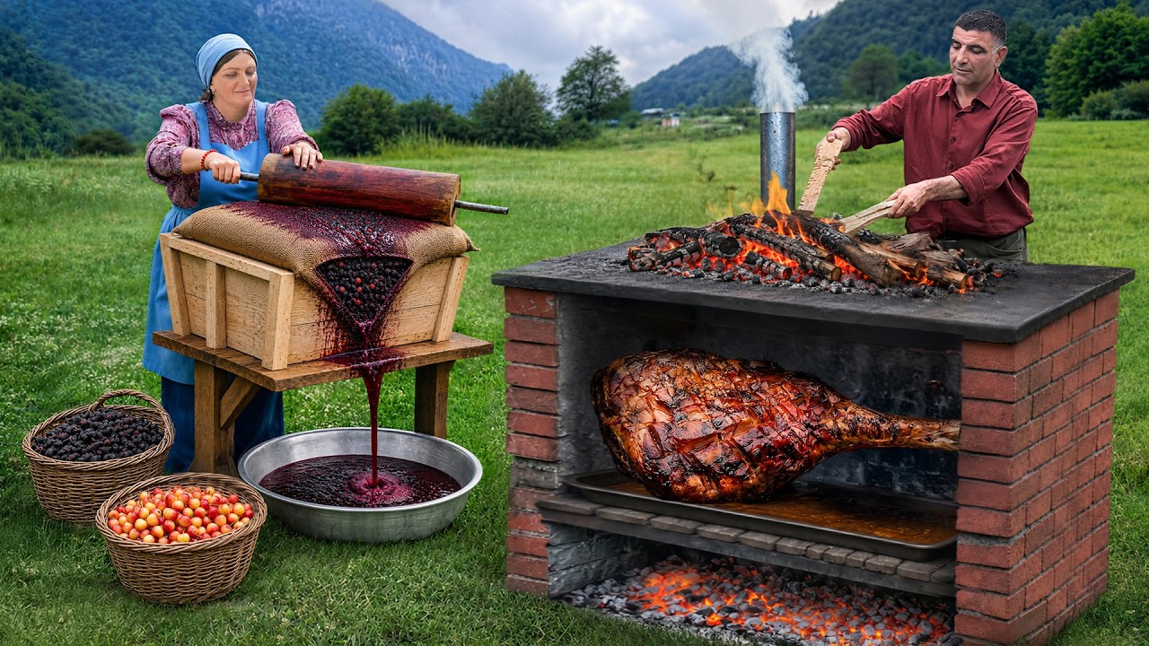 A whole beef leg marinated in sweet mulberries before the fire