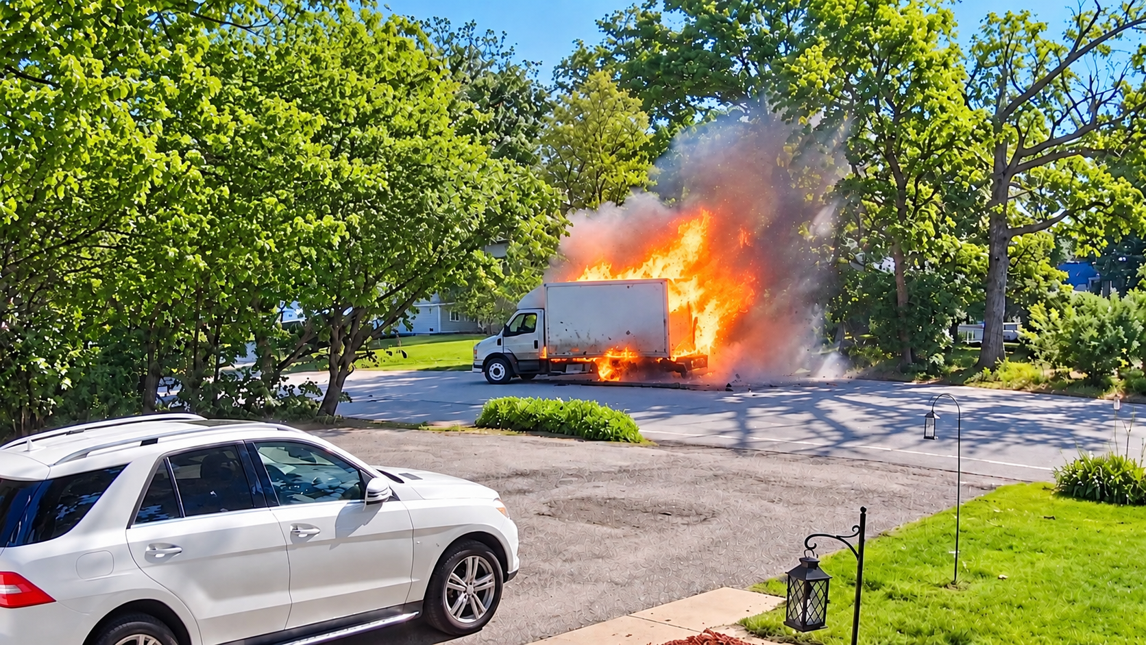 Box truck starts burning - then a huge explosion rocks the road