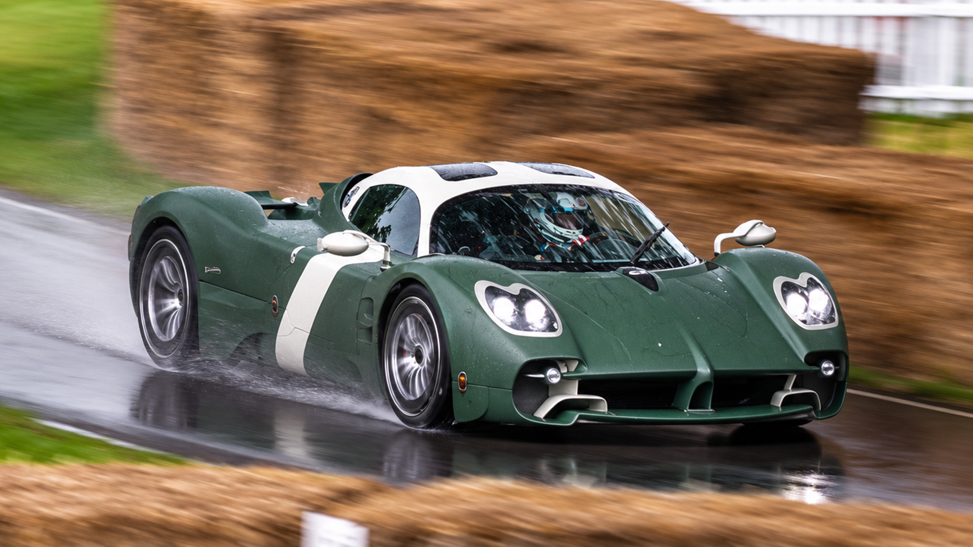 This Pagani Zonda Venti kicks up spray on a wet hillclimb