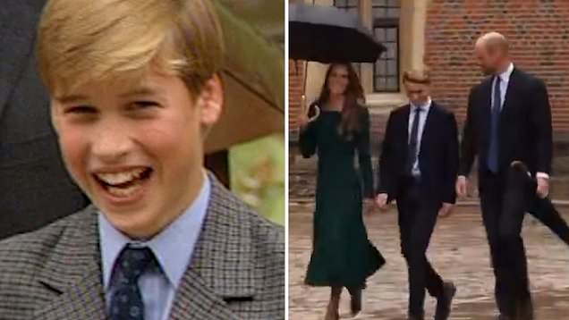 Split-screen shows Prince George following in his father's Eton ...