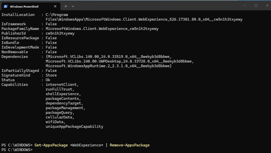 PowerShell shows the command used to remove the Windows Web Experience package that powers the Widgets and Discover board.