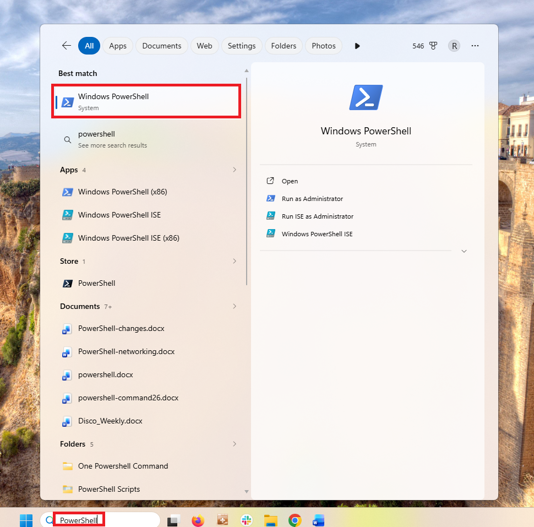 Windows 11 search results show Windows PowerShell with options to open it or run it as an administrator.