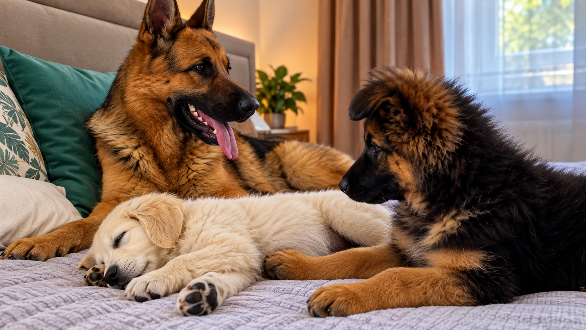 German shepherd gently watches over tiny puppies