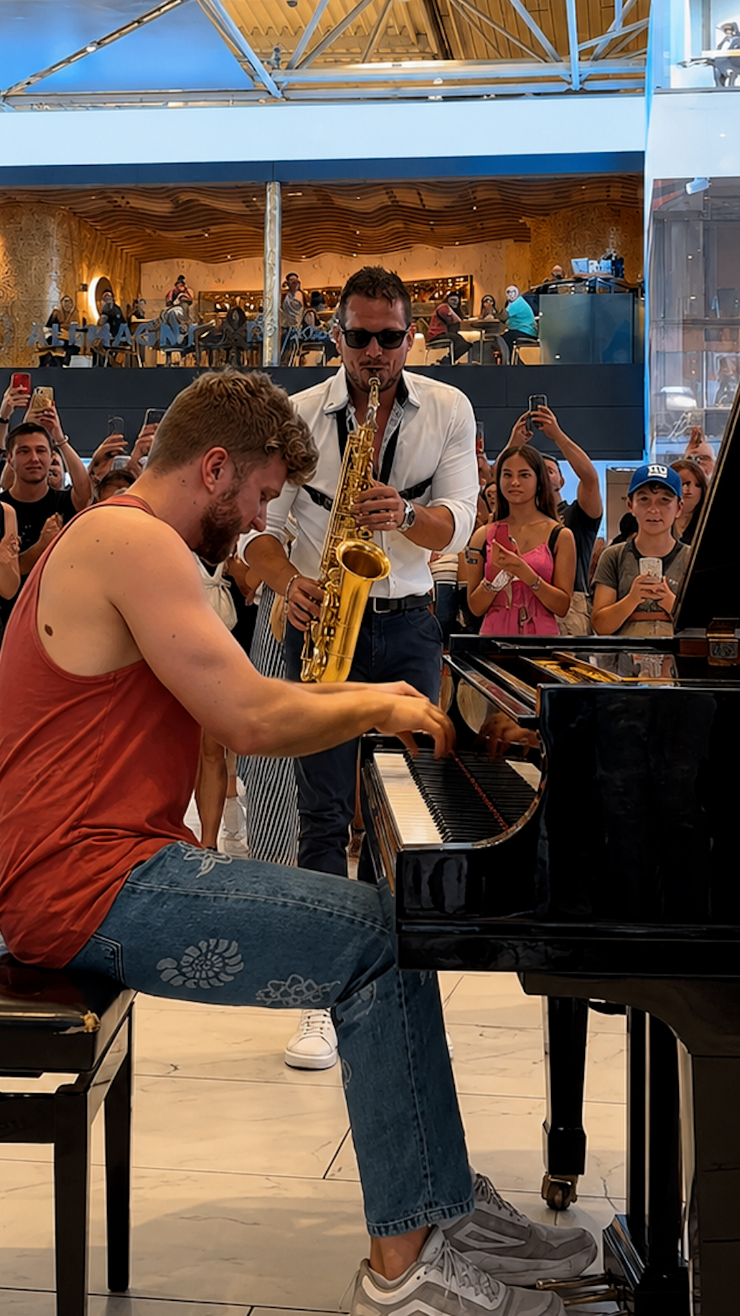 An airport piano performance turns into a saxophone duet