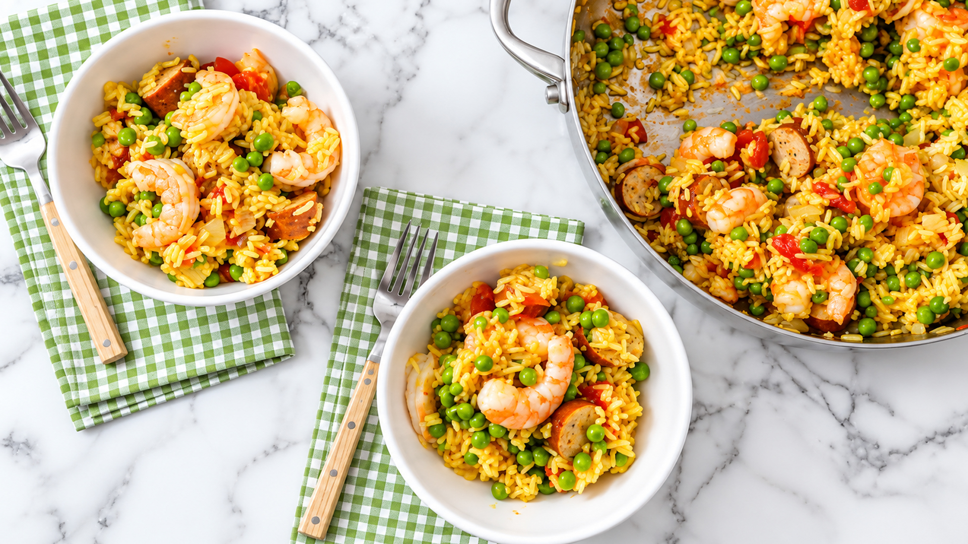 Easy shrimp and chicken sausage paella recipe for weeknight dinners