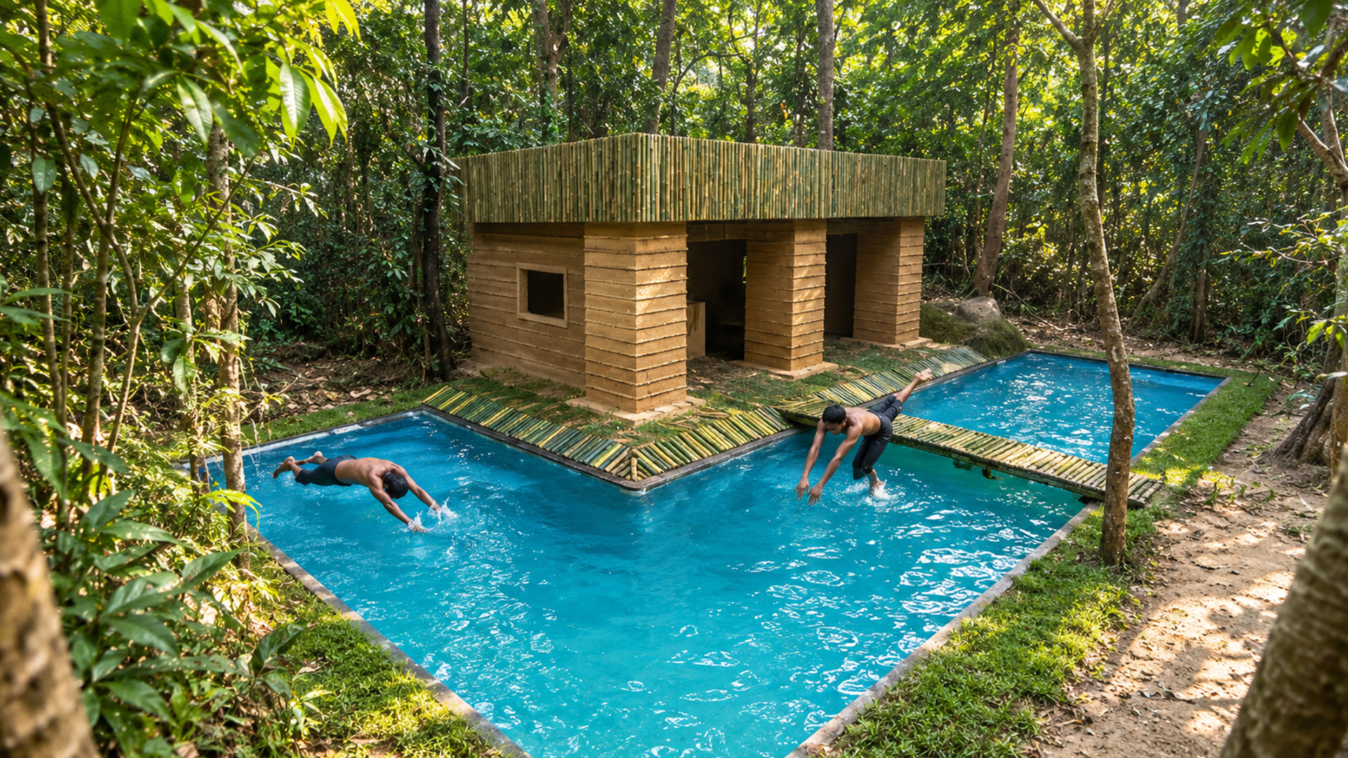 Build Modern Bamboo Villa Surrounding by Swimming Pool Bamboo Bridge