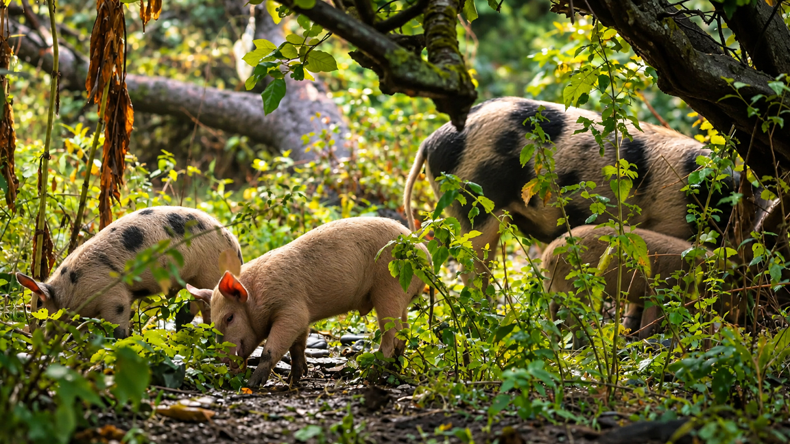 Wild pigs forage together beneath the forest canopy