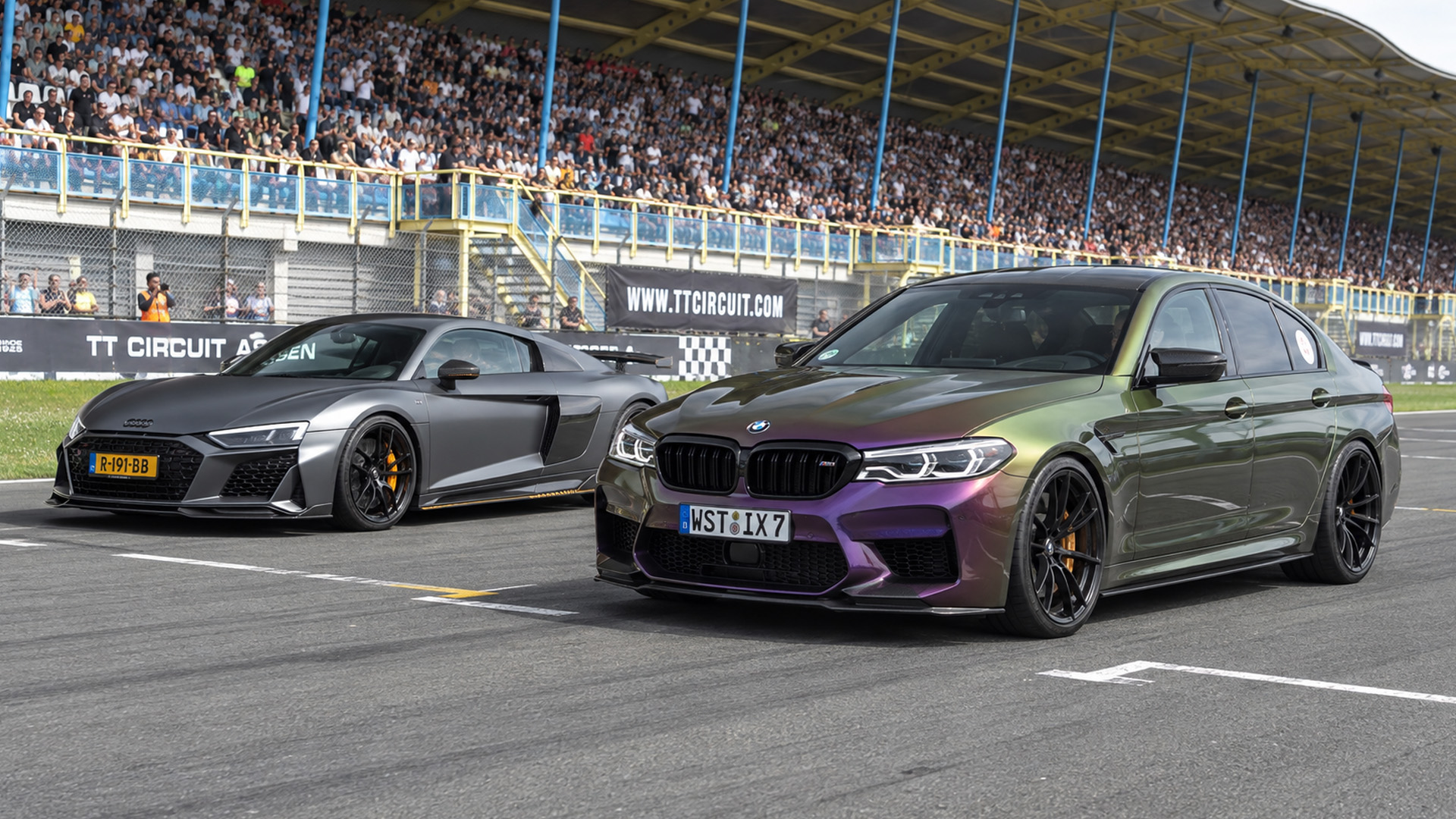 Modified BMW M5 faces Audi R8 on track