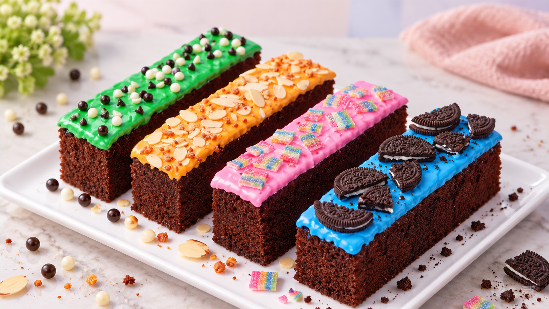 Four chocolate cake bars with colorful toppings