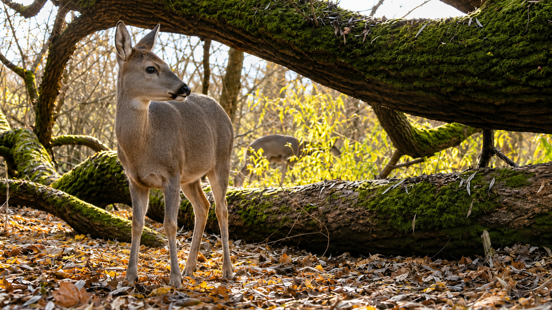 Deer pauses beneath fallen trees on camera trap